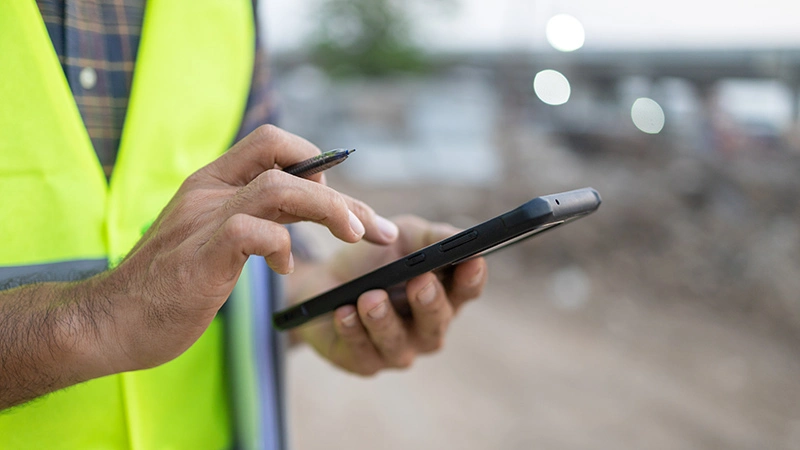 Construction worker using a mobile app made by Bertoni Solutions to efficiently compile essential reports on-site
